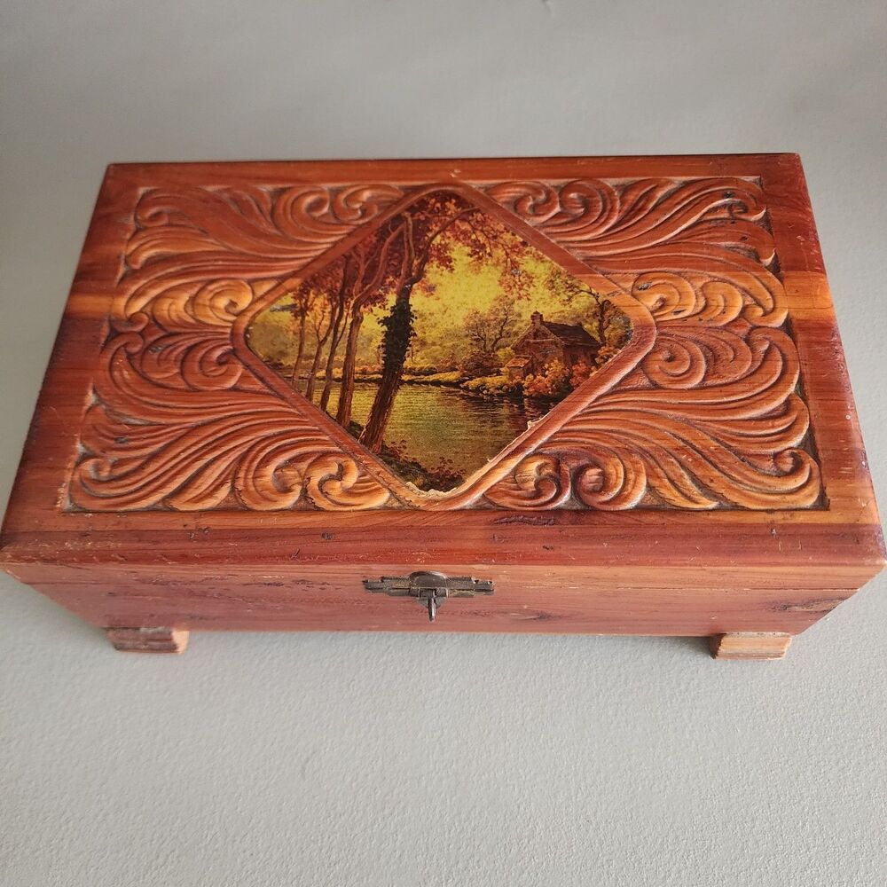 Vintage Hand Carved Cedar Wood Jewelry Box - English Cottage Scene Trinket Chest